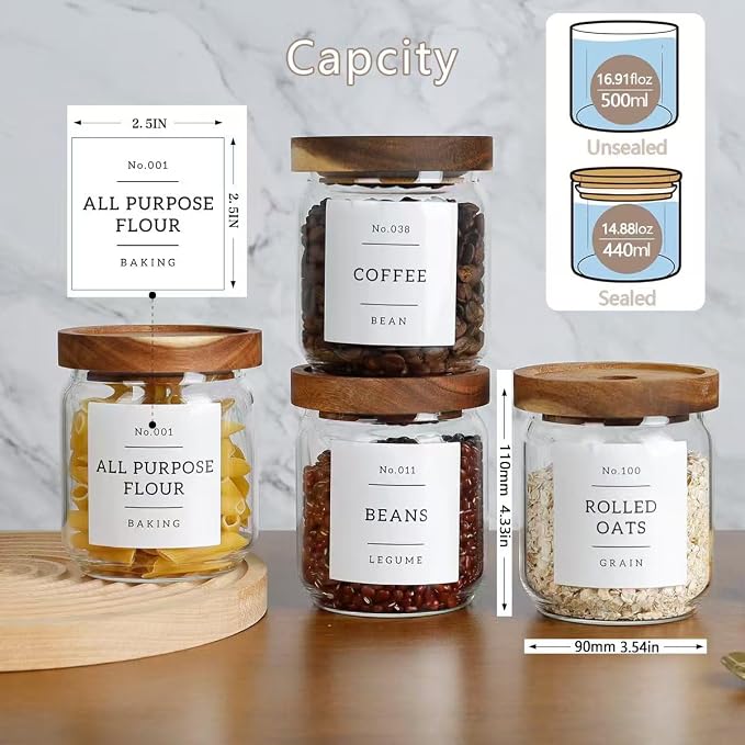 16 OZ Stackable Glass Food Storage Jars with 132 Pantry Labels Preprinted - 6 Pcs Thicken Glass Storage Containers with Airtight Acacia Lid - Clear Kitchen Canister for Spice, Tea, Coffee, Sugar - Image 4