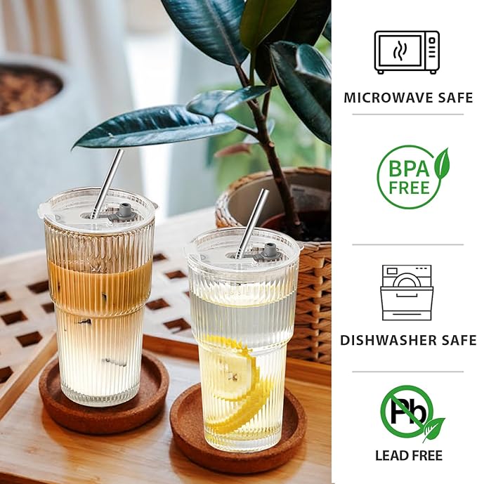 Iced Coffee Cups with Lids and Straws, 20 OZ Glass Tumbler with Straw and Lid, Clear Ribbed Glass Cups Reusable to Go Coffee Tumbler for Matcha, Smoothie, Cocktail,Latte, 4 Pcs