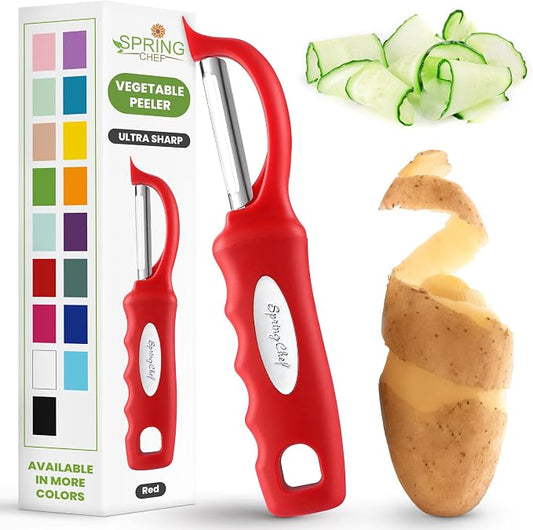 Spring Chef Swivel Vegetable Peeler for Kitchen with Soft Grip Handle, Red | Premium Potato Peeler w/ Ultra Sharp Stainless Steel Blades, Multifunctional Veggie Peeler for Apple, Carrot, Cucumber, Fruit by SpringChef