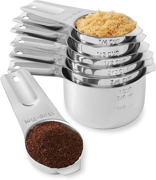 Last Confection 7pc Stainless Steel Measuring Cup Set - Includes 1/8 Cup Coffee Scoop - Measurements for Dry and Liquid Cooking & Baking Ingredients