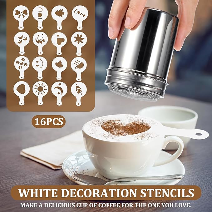 19 Pieces Coffee Decoration Stencils Latte Art Template Coffee Mold Tool with 3 Stainless Steel Shaker and 16 Pieces Stencils Latte Art for Cake Cookie Decorating Oatmeal Cappuccino Hot Chocolate