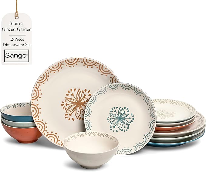 Sango 12-Piece Speckled Stoneware Dinnerware Set for 4- Glossy Plates and Bowls Set with Hand-Painted Floral Pattern, Rustic Ceramic Dish Set, Elegant Dishes for Everyday Dining, Siterra Glazed Garden by Sango