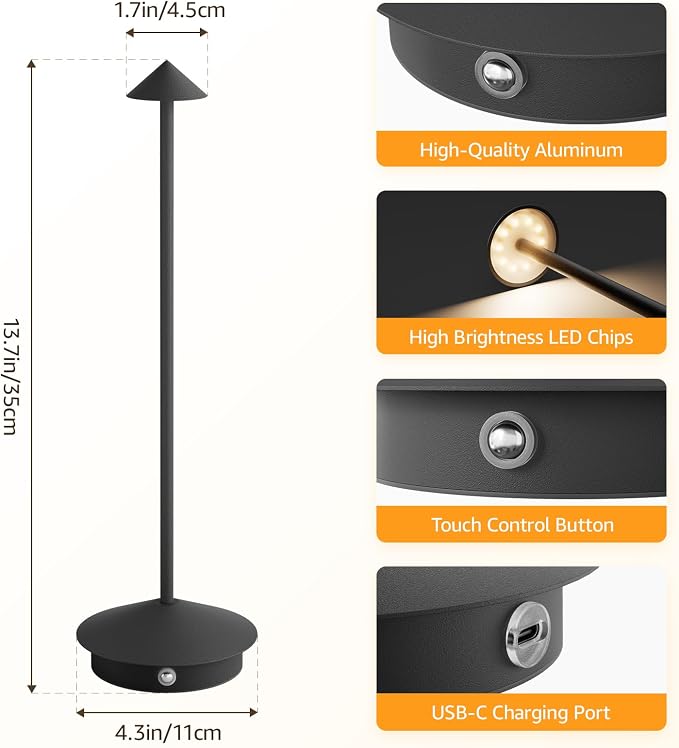Cordless LED Table Lamps,Portable Battery Desk Lamp,2 Pack,Black | 6000mAh Rechargeable,3000K/4500K/6000K Touch Stepless Dimming,Aluminum IP54 Waterproof Wireless Lighting for Outdoor/Indoor - Image 9