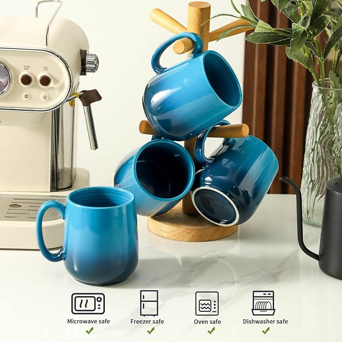 HASENSE 15oz Large Ceramic Mug Set, 4-Piece Blue Ombre Coffee Cups with Handle – Microwave & Dishwasher Safe for Cappuccino Latte Tea, Housewarming Present - Image 3