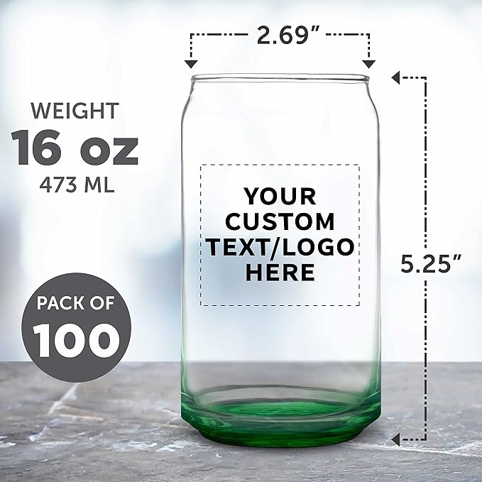 Custom Beer Can Glasses Set of 100, 16 oz. Pint Sized, Promotional Text, Logo, Soda Can Shape, Glassware, Green