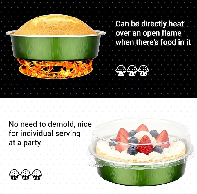 Beasea 20 Pack Mini Tart Pans with Lids, 7.3oz Avocado Green Disposable Aluminum Foil Baking Tins Cups, 4" Round Pie Container for Individual Cupcake Dessert Muffin Cheesecake Quiche Fruit Tart - Image 3