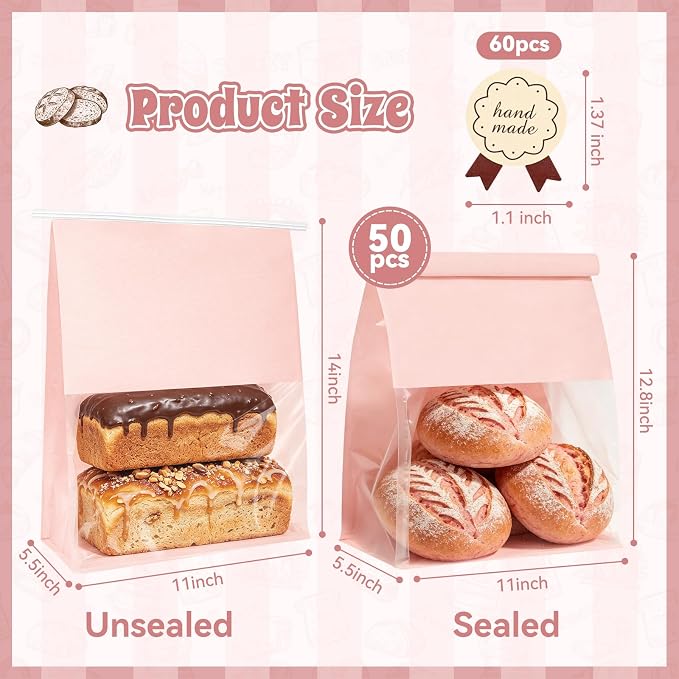 "Funcoo Paper Bread Bags with Tabs for Homemade Sourdough Bread, Pink Bakery Bread Bags with Window/Tin Tie Tab Lock, Large Bakery Loaf Bag for Baked Goods Packaging" (50, X-Large) - Image 2