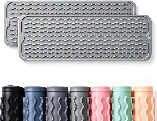 2 Pack Caketime Silicone Dish Drying Mat for Kitchen Counter Bathroom Under Sink Protector Faucet Drip Gadgets Clearance Washer Dryer Countertop Organizer Drain Tray 17"x6" Light Gray by CAKETIME