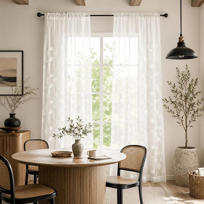 White Rod Pocket Sheer Curtains 96 inches Long Leaves Embroidered Window Curtain Sheer Voile Panels for Living Room & Bedroom, 60x96,Two Panels - Image 2