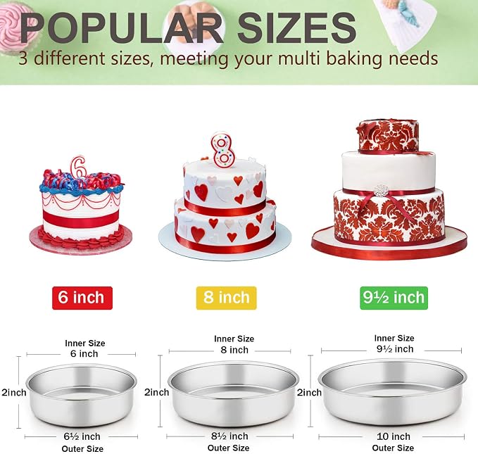 E-far Cake Pan Set of 3 (6 inch/8 inch/9½ inch), Stainless Steel Round Layer Cake Baking Pans, Perfect for Birthday Wedding Tier Cake, Non-Toxic & Healthy, Mirror Finish & Dishwasher Safe - Image 2