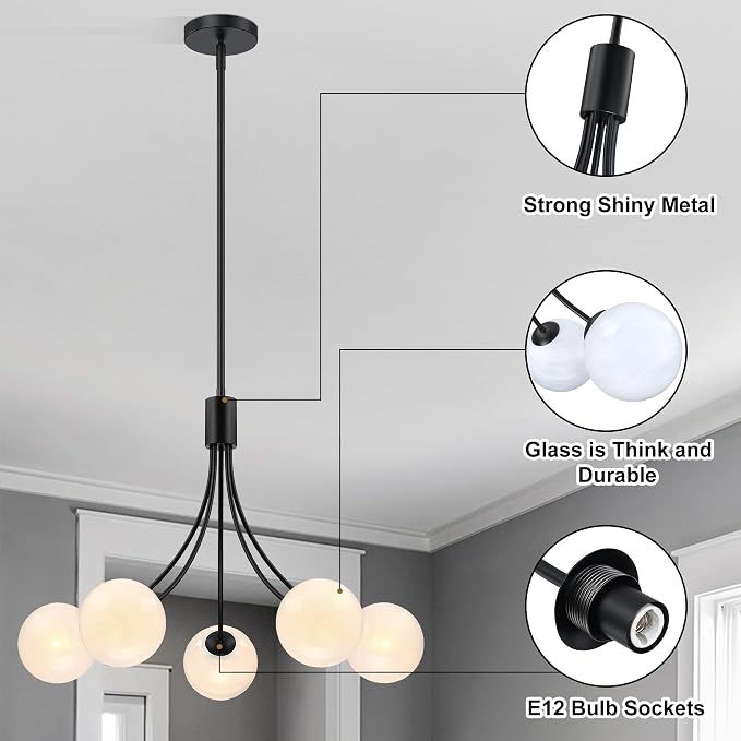 Bubble Chandelier, Modern Sputnik Dining Room 5-Light Chandelier with Black Finish and Glass Globes for Kitchen Bedroom Foyer and Living Room - Image 9