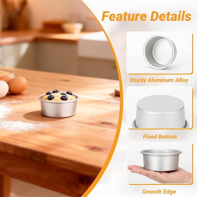 Beasea 4 Inch Cake Pans Set of 3, Aluminum Alloy Mini Round Cake Pans for Baking, Metal Small Cheesecake Dessert Mold Tin Bakeware - Fixed Bottom - Image 3