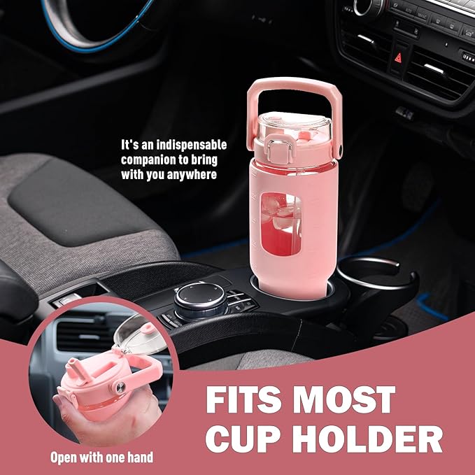 BLUEGO 40oz Glass Tumbler with Lid and Straw, Glass Water Bottles with Handle, Glass Cup with Time Marker and Silicone Sleeve, Fits Most Cup Holder, Leak-proof, Pink