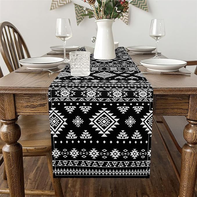 Feelyou Khaki Southwestern Aztec Table Runner Western Bohemian Kitchen Dining Decoration for Home Party 13x48 Inch Geometric Vintage Home Decor for Living Room Boho Tribal Black and White - Image 3