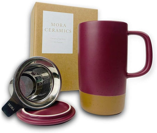 Mora Ceramics Large Tea Mug with Loose Leaf Infuser and Ceramic Lid, 18 oz, Portable, Microwave and Dishwasher Safe, Tall Coffee Cup - Rustic Matte Ceramic Glaze, Modern Herbal Tea Strainer, Merlot by MORA