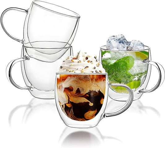 Set of 4 Double Walled Glass Coffee Mugs 8 Ounces Insulated Layer Coffee Cups with Handle Borosilicate Glass Espresso Cup for Hot Beverage,Cappuccino,Tea,Latte,Wine,Microwave Safe