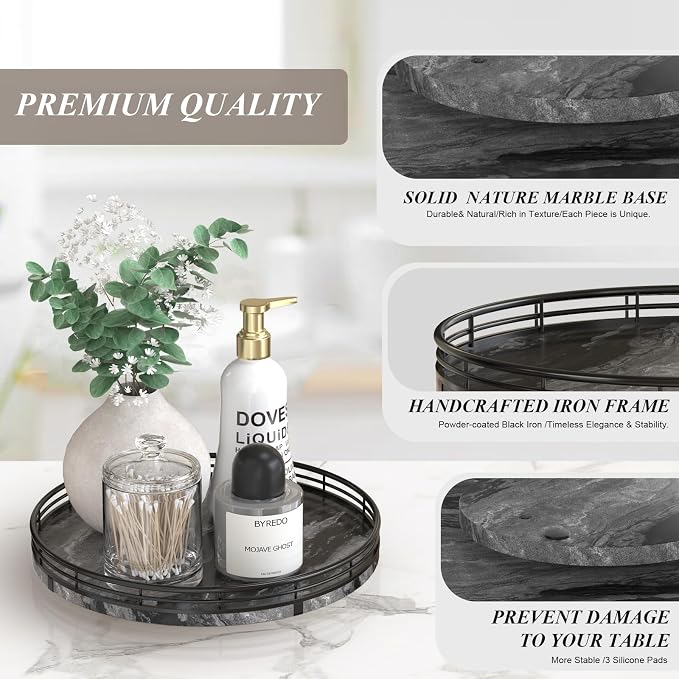 AMH 10-Inch Ancient Wood-Grain Marble Lazy Susan with Black Iron Frame | Smooth rotating oak tray with walnut finish for dining tables, kitchen counters, pantries and cabinet storage. - Image 7
