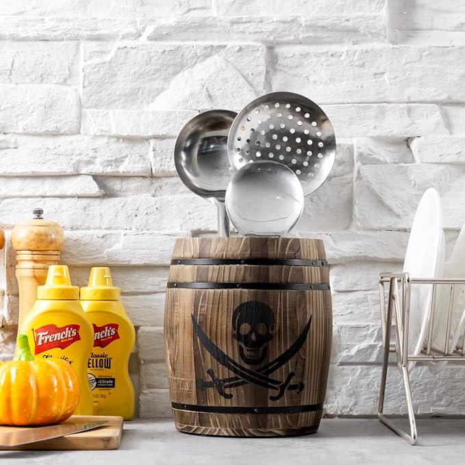 MyGift Pirate Rum Cask Utensil Crock, Rustic Burnt Wood Kitchen Holder | Bring pirate-inspired charm to the kitchen with a rustic burnt wood rum cask utensil crock featuring a skull and cutlass - Image 3