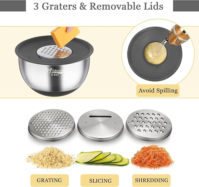 Wildone Mixing Bowls with Airtight Lids, Stainless Steel Mixing Bowls Set | Metal Bowls with 3 Grater Attachments & Non-Slip Bottoms, Size 5, 4, 3, 2,1.5, 0.63QT, Includes Utensil Set for Prep, Gray - Image 3