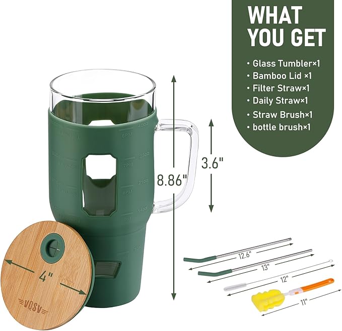 Glass Cups with Handle and Bamboo Lids - 40 oz Tumbler with Stainless Steel Straw | Glass Water Bottle w/Silicone Sleeve for Coffee, Smoothi, Hot/Cold Drinks for Travel/Office/Home (Olive-Green)
