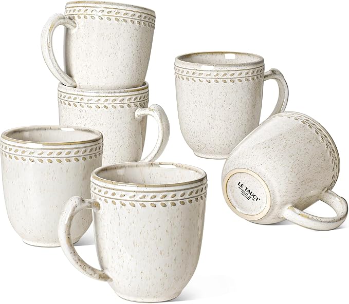 LE TAUCI Coffee Mugs 12 oz,Ceramic Mug Set, Embossment Cups for Espresso, Hot Tea, Cappuccino, Mocha, Cocoa,Suit For Housewarming Wedding- 3.6 inch, Set of 6, Birch by LETAUCI