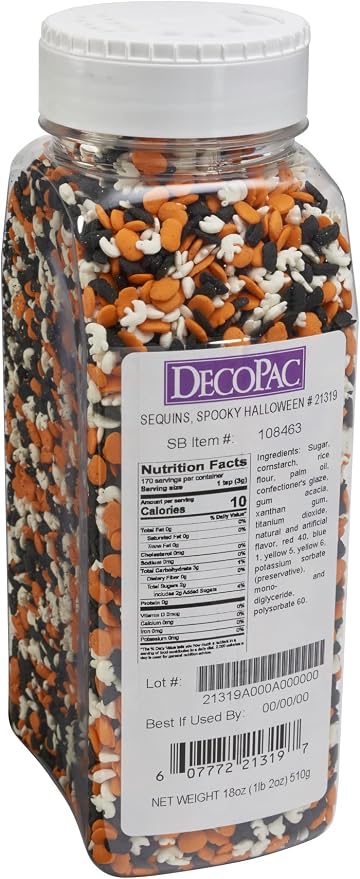 DecoPac Spooky Halloween Edible decorations sprinkles quins, Multicolored - Orange, White and Black, 18 Ounces by Decopac