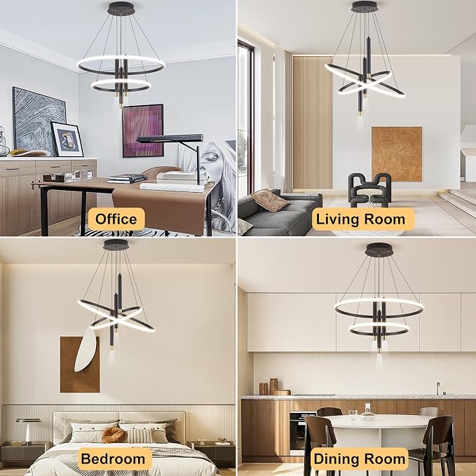 ORANOOR LED Black Modern Chandeliers, Dimmable 24inch Kitchen Pendant Light | Dining Room Light Fixtures Ceiling Hanging Over Table, 2 Ring Round Chandelier for Bedrooms Living Room, LED Pendant Lamp 75W - Image 2