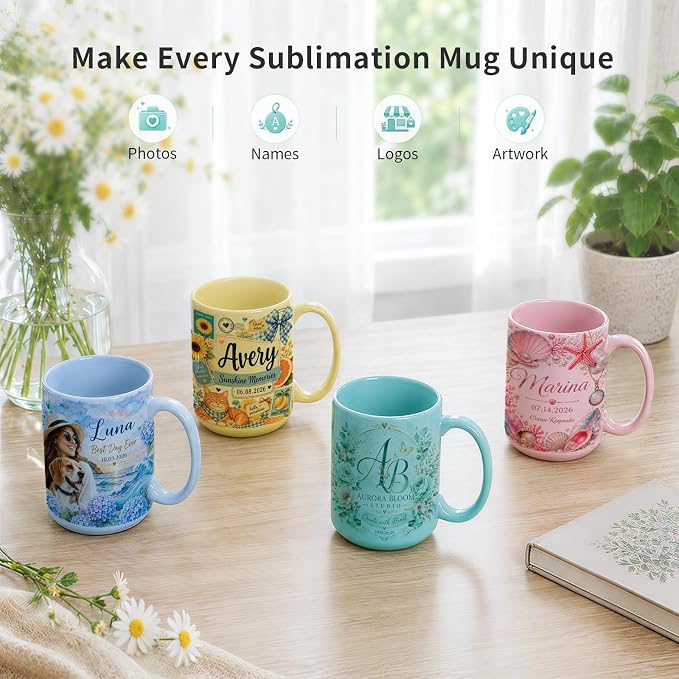 PYD Life 8 Pack Sublimation Mugs 15 OZ Mixed Macaron Colors Ceramic Cups | Sublimation Coffee Photo Mugs, Soft Tone Design Perfect for Gifts, Cafe style Branding and Craft DIY projects - Image 5
