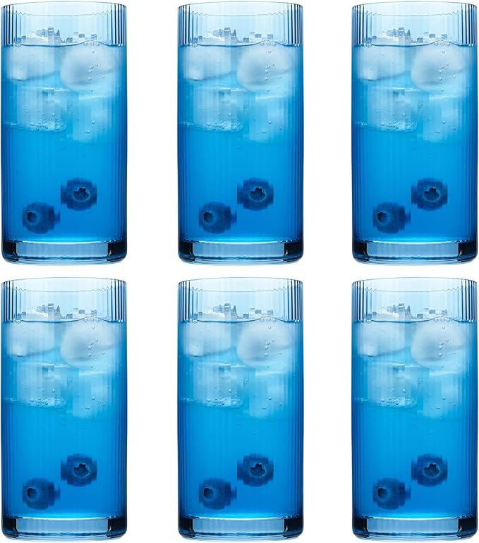 Physkoa Blue Ribbed Drinking Glasses Set of 6 – Vintage Embossed Highball Glassware, Thick Durable Tumbler Cups for Water, Juice, Cocktails, Iced Coffee, Kitchen Bar Gift Set by Physkoa