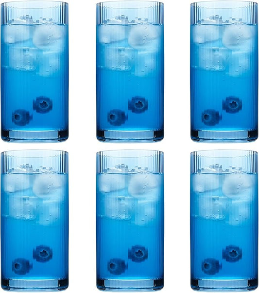 Physkoa Blue Ribbed Drinking Glasses Set of 6 – Vintage Embossed Highball Glassware, Thick Durable Tumbler Cups for Water, Juice, Cocktails, Iced Coffee, Kitchen Bar Gift Set by Physkoa