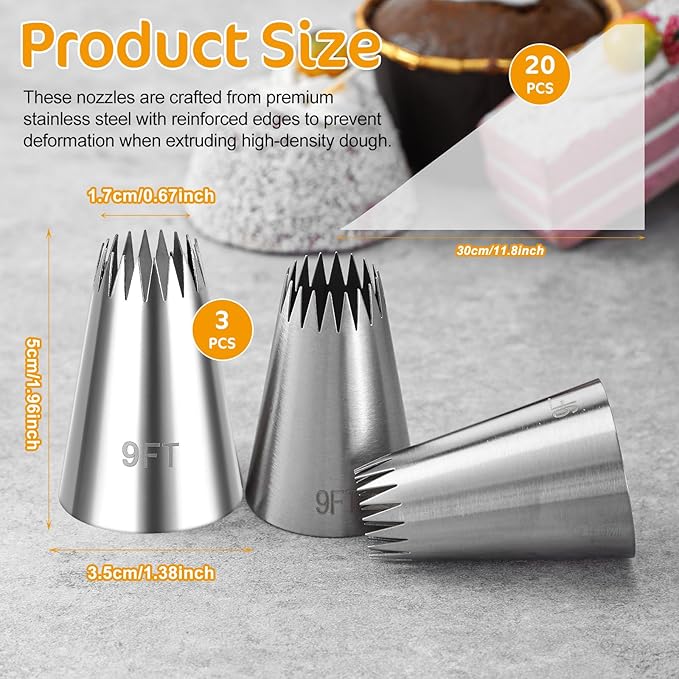 3Pcs Churro Piping Tip, Churro Bags and Tips Set, Stainless Steel 9FT Large Piping Tips, Open Star Pastry Tips for Cake Decorating with 20Pcs Disposable Piping Bags