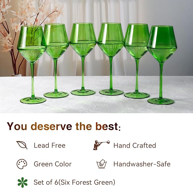 Emerald Green Wine Glasses Set of 6 – 16oz Handblown Long Stem Wine Glasses for Red & White Wine – Elegant Colored Glassware for Home Dining, Parties & Gifts - Image 4