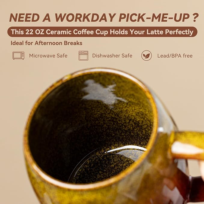 Handmade 22oz Ceramic Coffee Mug, Ergonomic Large Handle, Ideal Gift for Coffee Lovers, Microwave & Dishwasher Safe (Minute-Yellow&Red) - Image 3