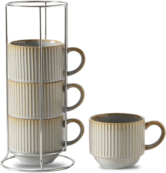 HASENSE Coffee Mug Ceramic Set of 4 with Stand - 15 oz Rustic Farmhouse Stackable Ribbed Latte Cup Set for Cappuccino, Tea, Hot Cocoa, Drinks - Dishwasher & Microwave Safe, Lavender Gray by Hasense