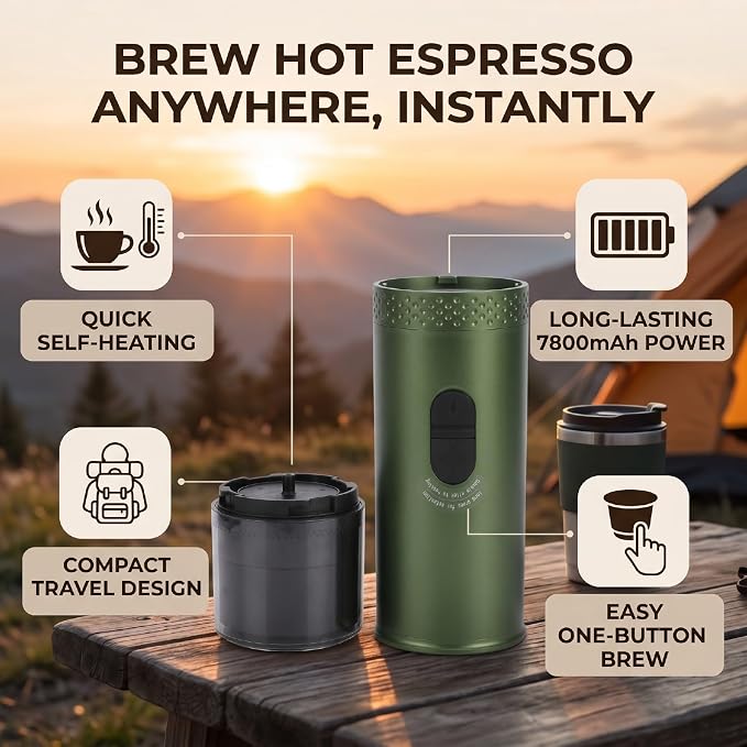 Portable Electric Capsule Coffee Maker 20bar (Green) | SelfHeating Travel Coffee Machine, 7800mAh, Stainless Steel, Ideal for Camping RV Hiking Office, 5 Cups per Charge - Image 5
