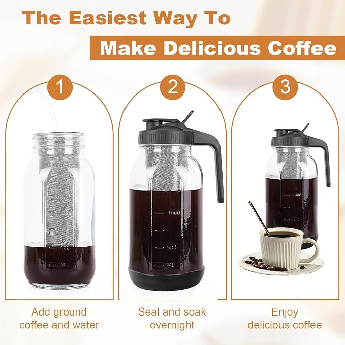 Cold Brew Coffee Maker, 64oz Mason Jar Pitcher with Stainless Steel Filter, Sealed, Leak-Proof Lid with Pour Spout & Handle, Heavy Duty Glass Iced Coffee Tea Brewer with Non-Slip Silicone Base-Black - Image 7