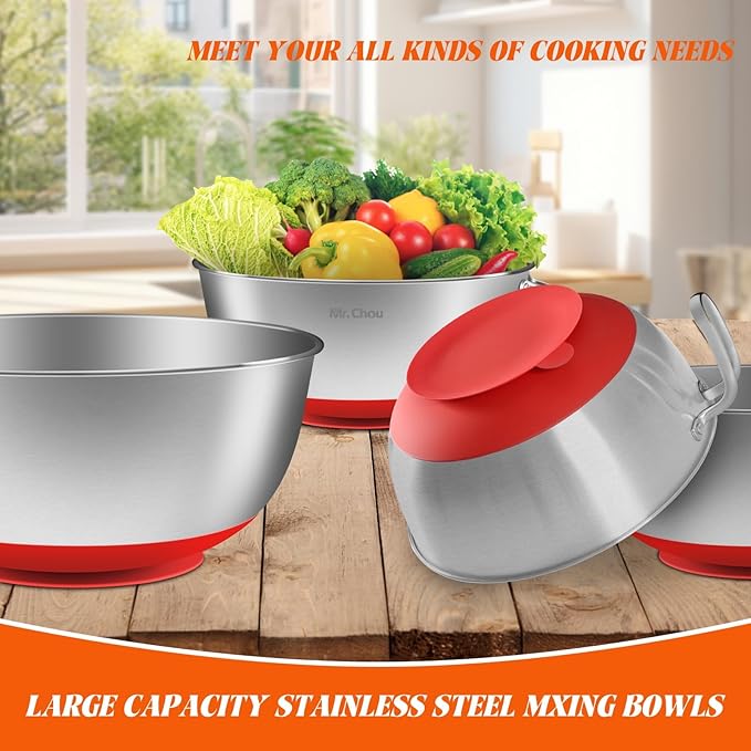 Suction Mixing Bowl SUS304 Stainless Steel w/Non-Slip Silicone Suction Cups Base, Egg Beating Bowls with Handle Baking Bowl Tool for Cooking Baking Prepping Food Storage Batter Bowl Deepen