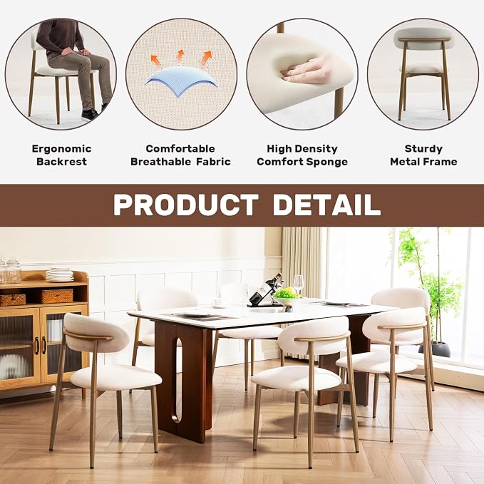 UVV Dining Chairs Set of 6, Metal Kitchen Chairs with Modern Fabric Upholstered for Dining Room, Beige - Image 7