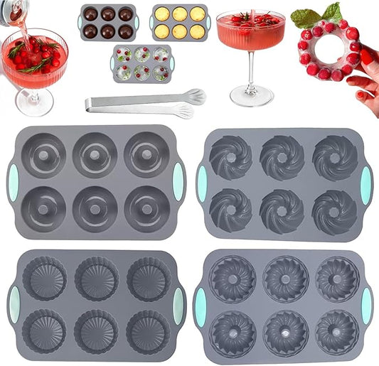 Wreath Ice Mold, Christmas Ice Cube Molds, Silicone Wreath Ice Cubes Tray, 6 Hole Silicone DIY Mold Suitable, Flexible Silicones Easy Release, for Holiday Cocktails/Chocolate/Desserts (A+B+C+D)