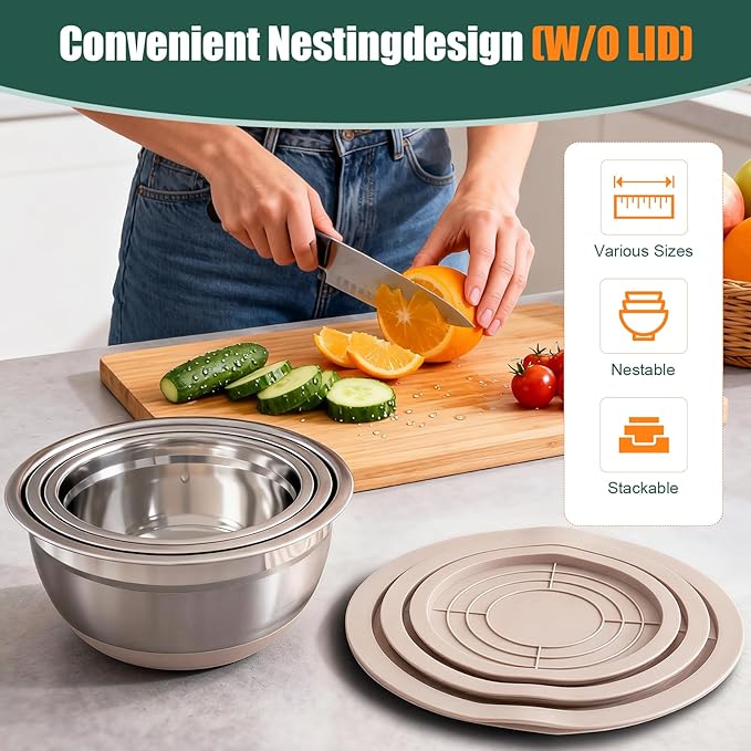 Stainless Steel Mixing Bowls Set with Lids & Silicone Base - 7-Piece Kitchen Gadgets Includes Colander, Grater, Egg Separator, Whisk - Nesting Bowls (1.5, 2, 2.5, 4.5 QT), Dishwasher Safe, Khaki - Image 3