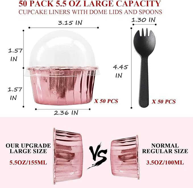 5oz Foil Muffin Cups Muffin Tins 50 Pack,LNYZQUS Jumbo Cupcake Liners with Lids,Disposable Ramekins Pans Cupcake Baking Cups Wrappers for Wedding Bakery-Rose Gold - Image 3