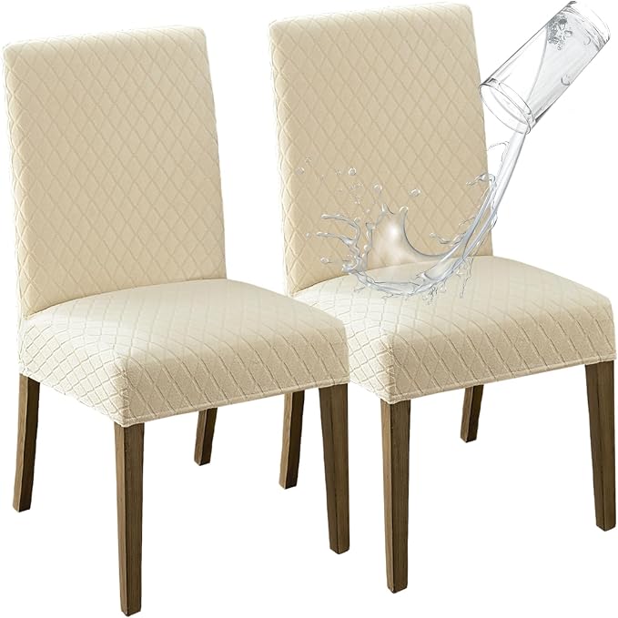 MOSAYT 100% Waterproof Dining Room Chair Covers Set of 2, Super Fit Stretch Jacquard Parson Chairs Slipcovers Removable Washable Chair Seat Protectors for Home, Kitchen, Banquet (Beige) by MOSAYT