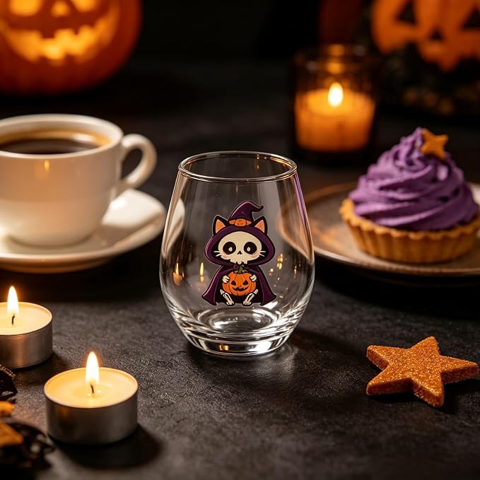 Halloween Stemless Wine Glass, Cute Pumpkin Ghost Cat Egg Shaped Tumbler, Clear Waterproof Printed Glassware, Festive Decorative Cup, Halloween Party Supplies & Holiday Gift for Women, B - Image 4