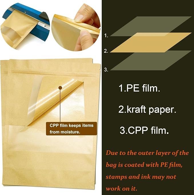 100 Pcs Kraft-Paper-Bags with Window, 7x10 inch Stand Up Zipper Pouches Bags, Zip Lock Food Storage Bag for Packaging Products, Reusable, Sealable - Image 3