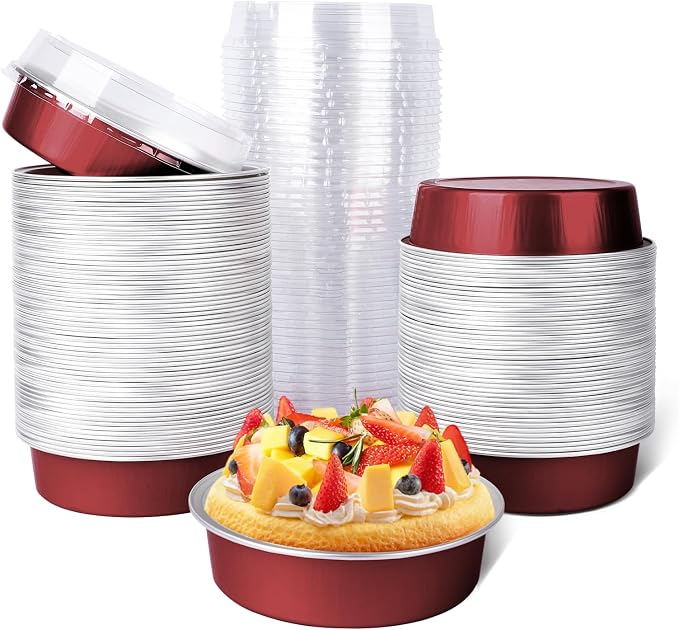 Beasea Disposable Mini Pie Tins with Lids, 120 Pack 4” 7.3oz 215ml Small Round Aluminum Baking Tart Foil Container for Individual Dessert Cupcake Cheesecake Ramekin Quiche Oven Dishes - Wine Red by Beasea