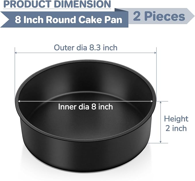E-far 8x2 Inch Cake Pan Set of 2, Nonstick Round Cake Pans Tins for Baking Birthday Wedding Layer Smash Cakes, Stainless Steel Core & Nontoxic Coating, Straight Side(Black) - Image 2
