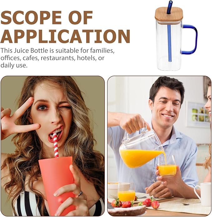 Luxshiny High Temperature Resistant Transparent Glass Cup with Lid and Straw Black Square Tumbler for Iced Coffee Juice Tea Milk Drinking Bottle with Handle for Students and Summer Use
