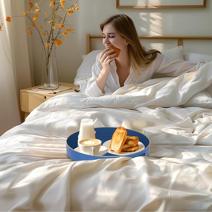 MAONAME 13" Blue Decorative Tray, Plastic Round Serving Tray with Handles | Decorative Tray for Coffee Table, Modern Ottoman Tray, Circle Tea Tray, Round Melamine Tray for Living Room, Bathroom - Image 6