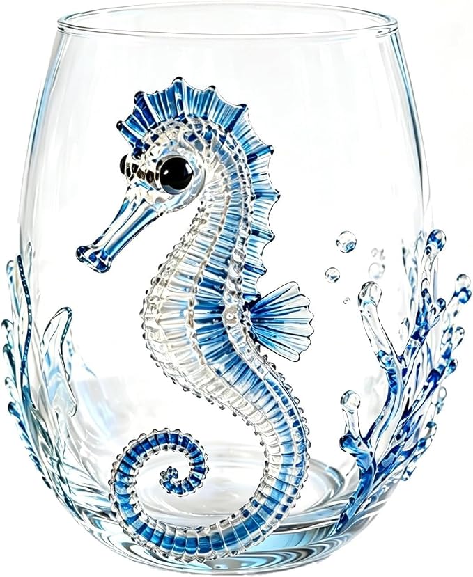 Handcrafted 3D Sea Turtle Stemless Wine Glass | Artisanal Ocean Theme Borosilicate Glassware, Coastal Marine Animal Decorative Drinkware, Coastal Home Decor Gift(Seahorses) by Unknown