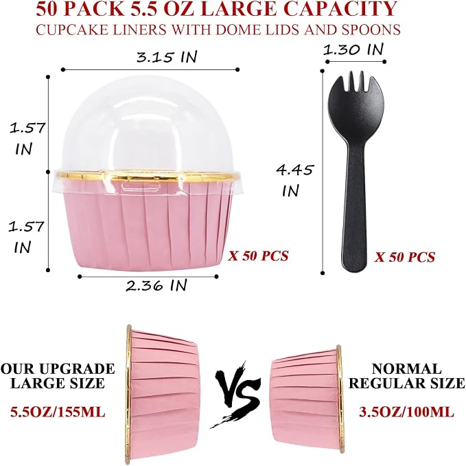 Cupcake Liners with Lids 50 Pack,LNYZQUS 5oz Large Foil Cupcake Cups Muffin Tins,Disposable Baking Cups Muffin Liners Wrappers Holders for Wedding Valentine-Pink in gold - Image 3